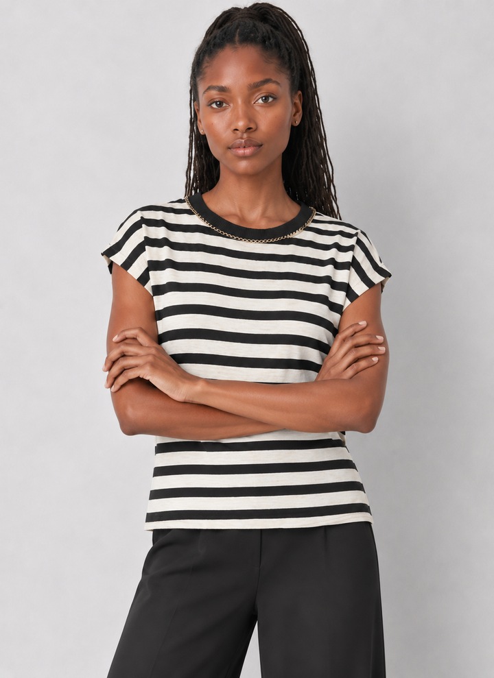 Chain Trim Cap Sleeve Striped Knit Top
