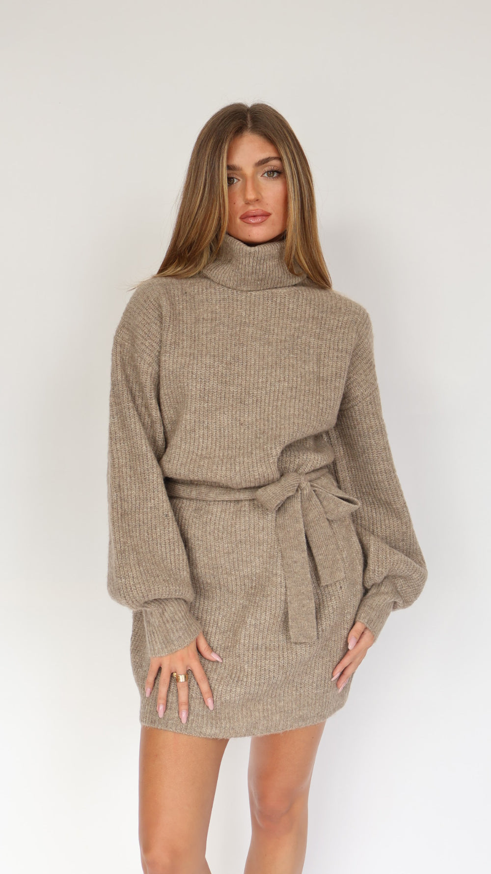 Turtleneck Sweater Mini Dress with Tie Waist