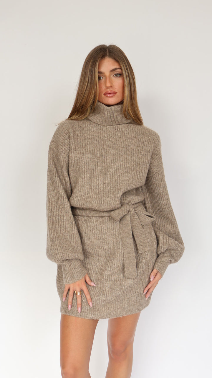 Turtleneck Sweater Mini Dress with Tie Waist