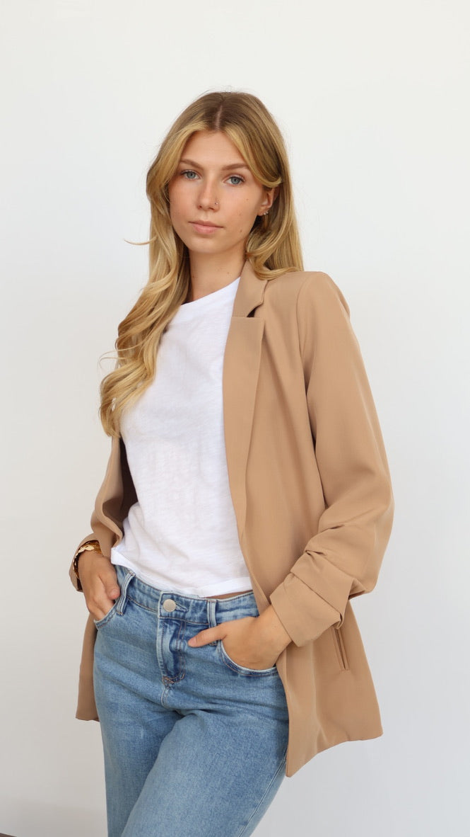 3/4 Ruched Sleeve Open Blazer