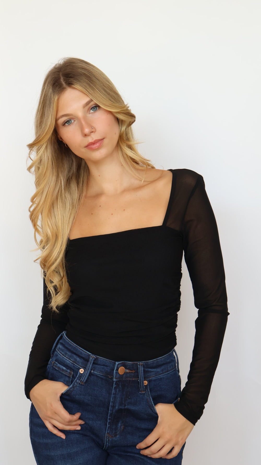 Ruched Waist Square Mesh Top