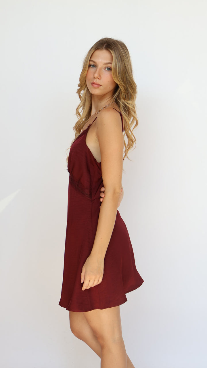Satin Slip Mini Dress with Lace Trim