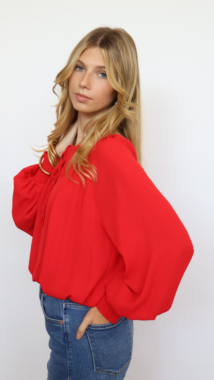 Bubble Hem Tie Neck Blouse