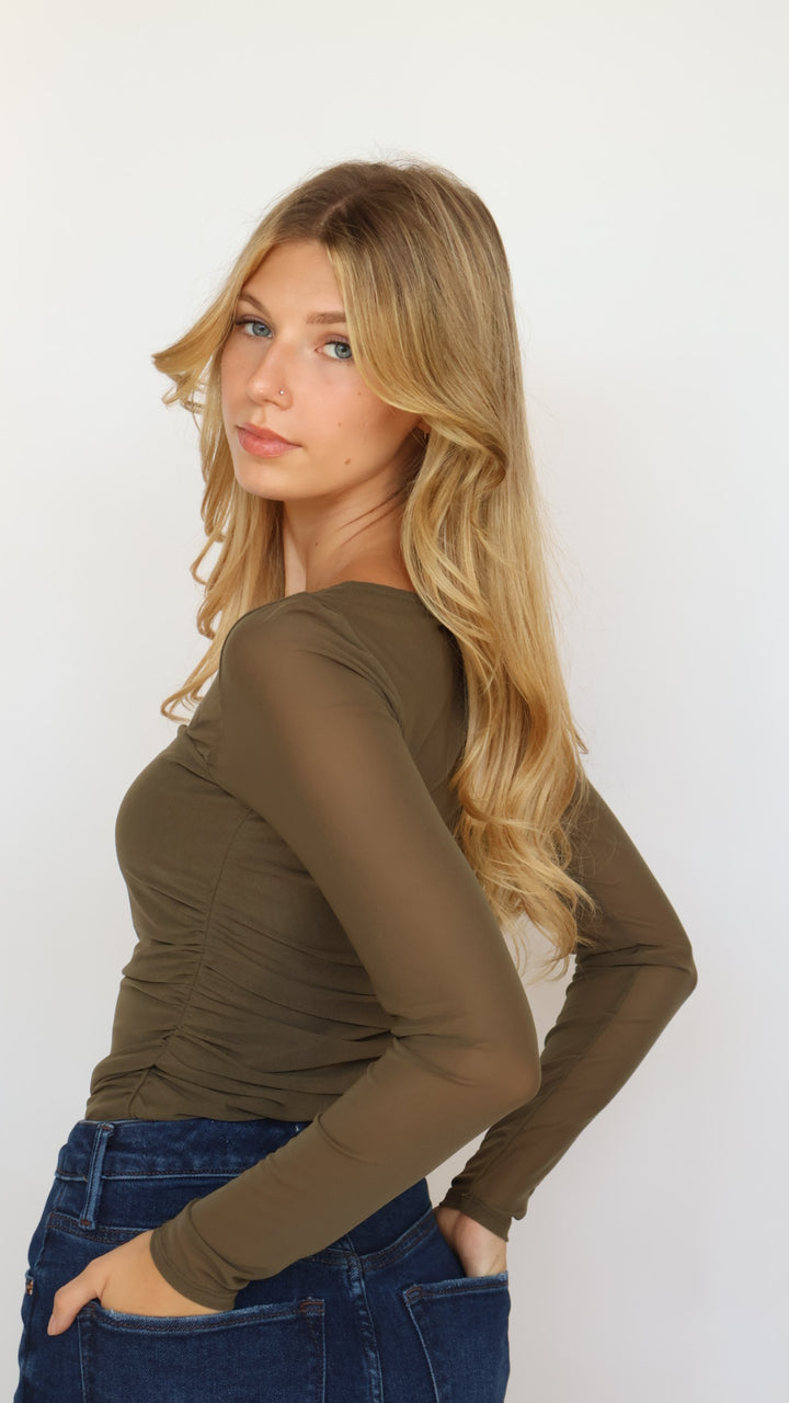 Ruched Waist Square Mesh Top