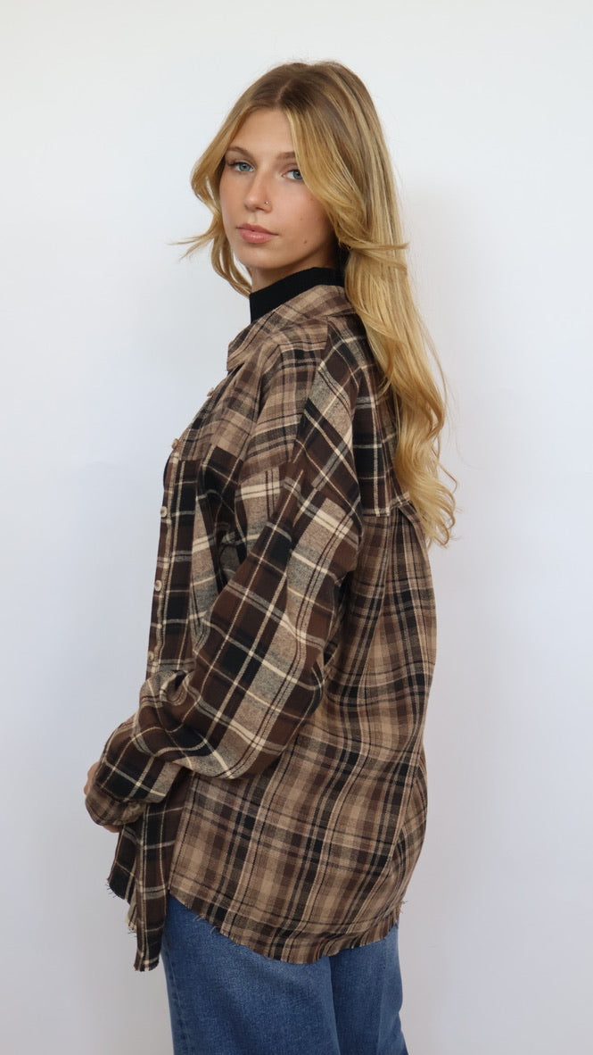 Brown Plaid Flannel Button Down Top