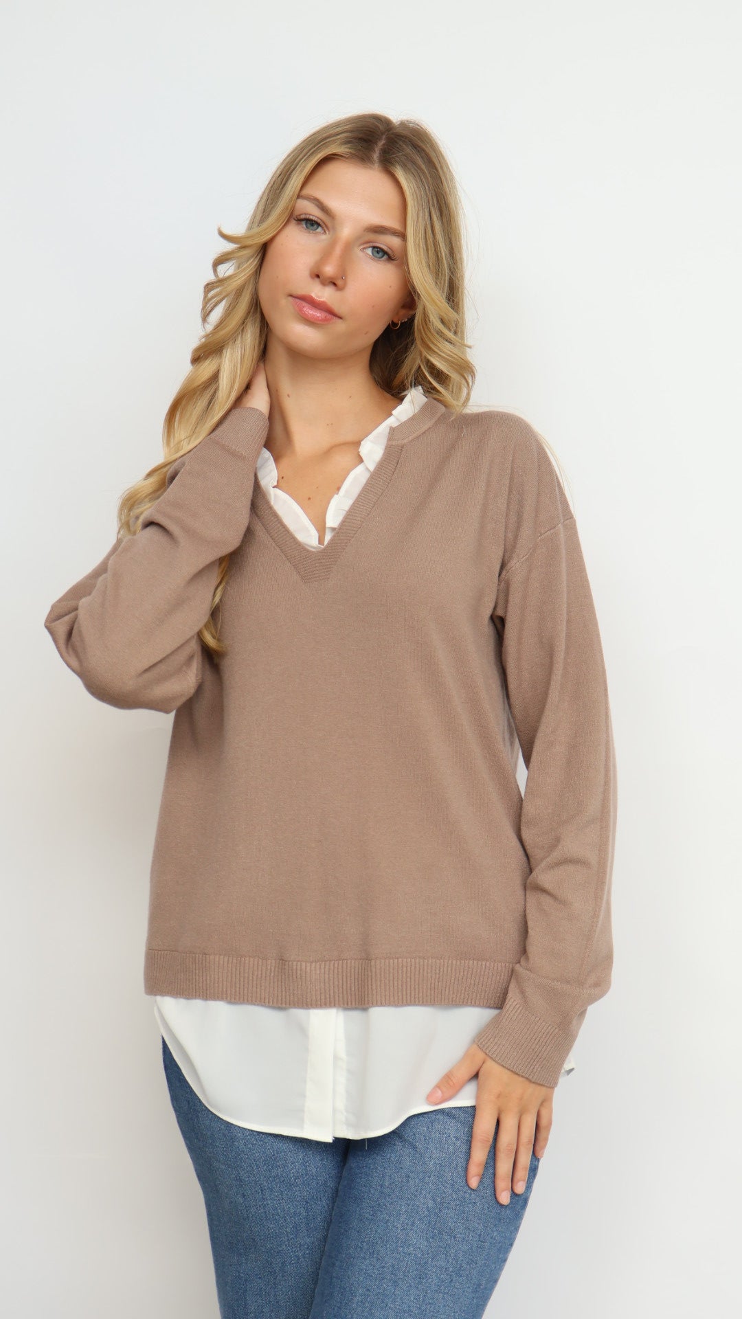 Pinch Ruffle V-Neck Twofer Sweater