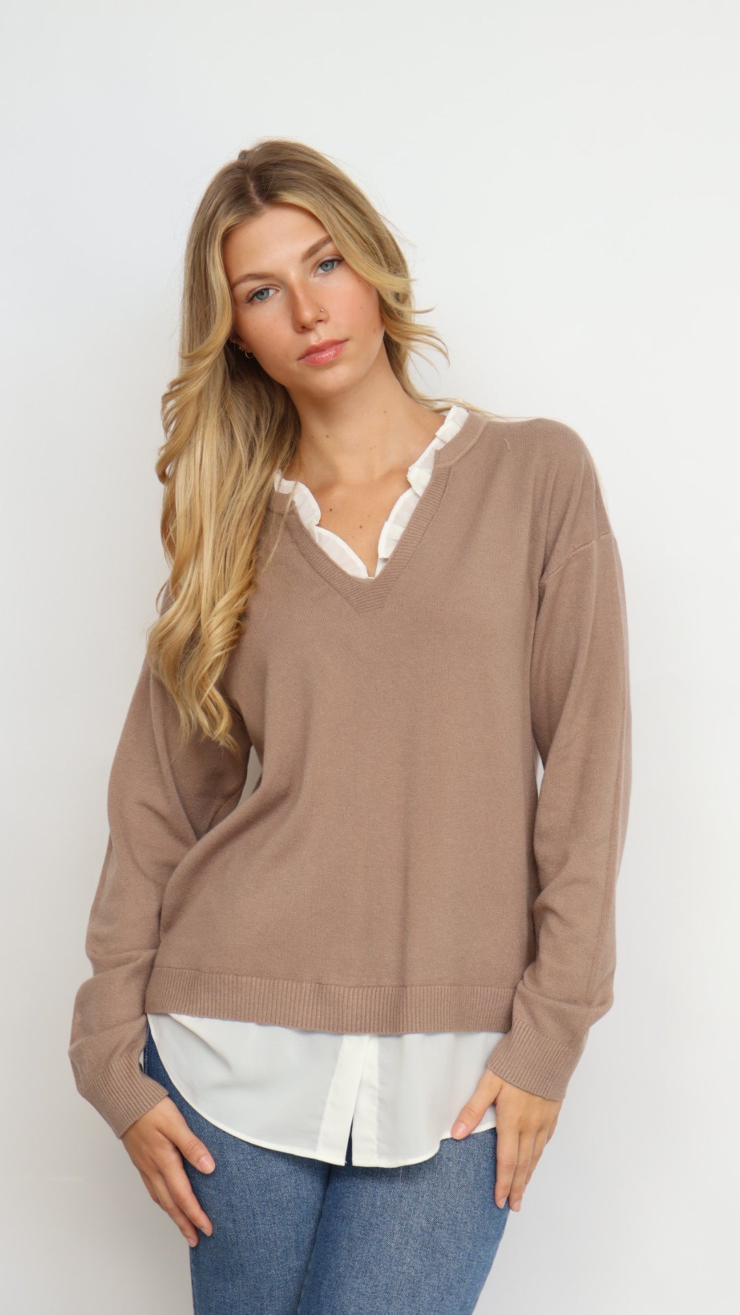 Pinch Ruffle V-Neck Twofer Sweater