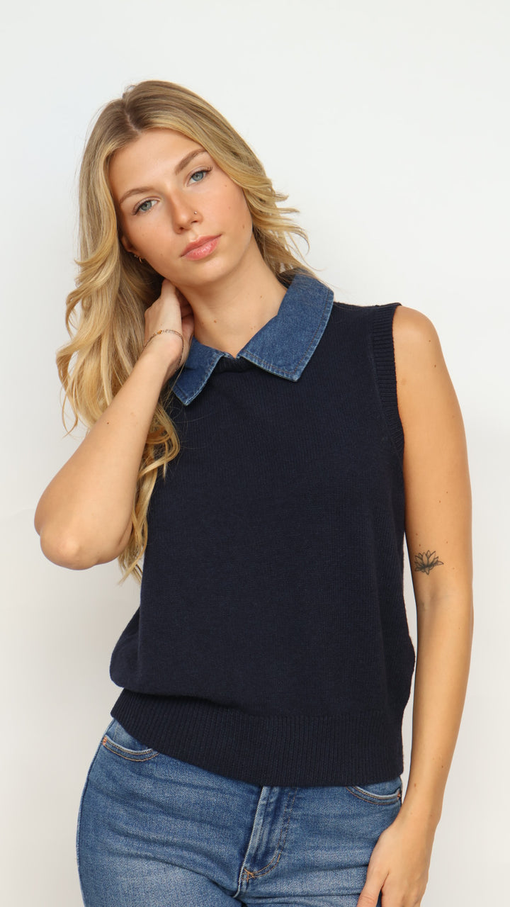 Steve Madden Jeane Sweater Vest With Denim Collar