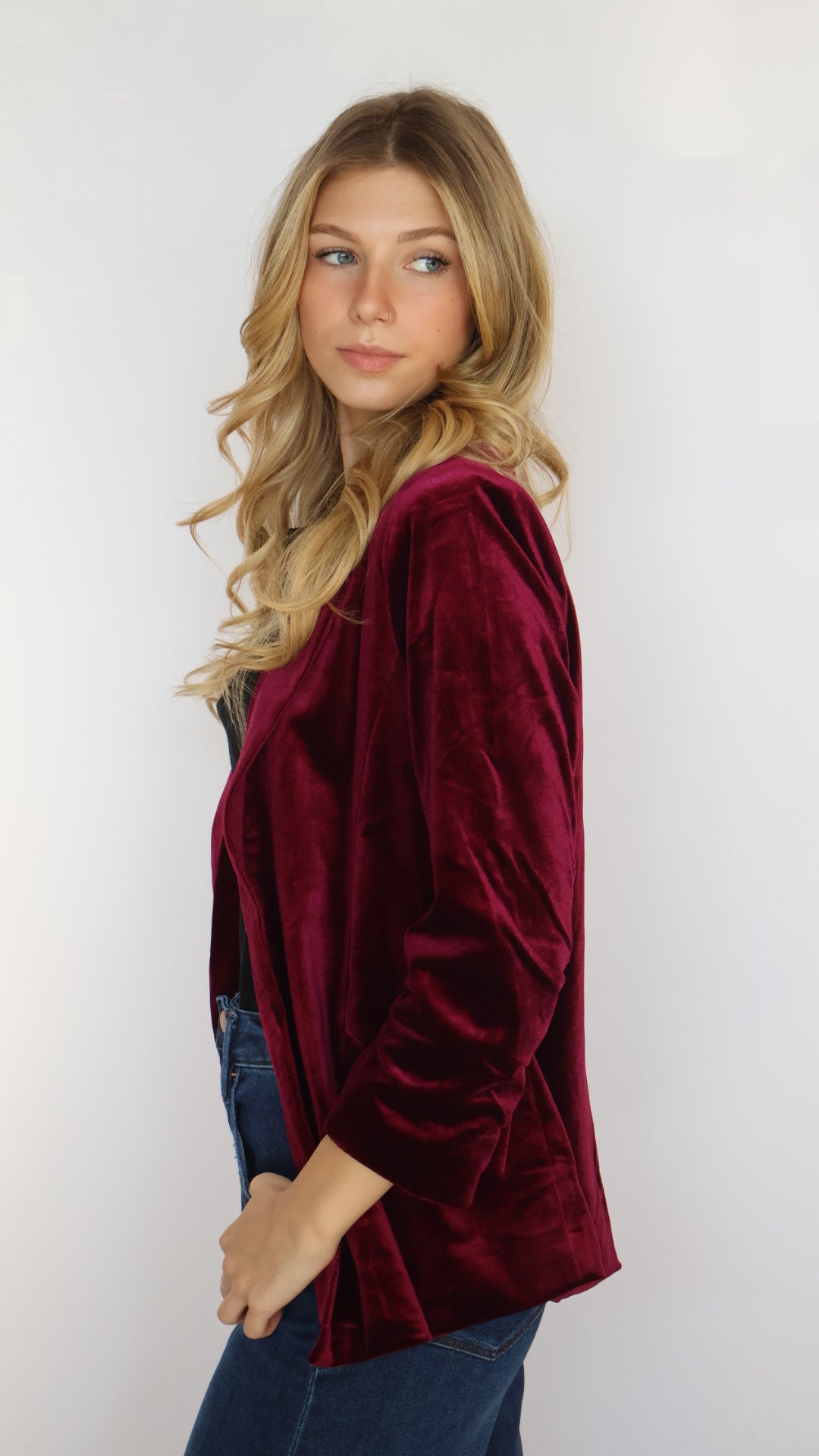 Ruched Sleeve Velvet Blazer