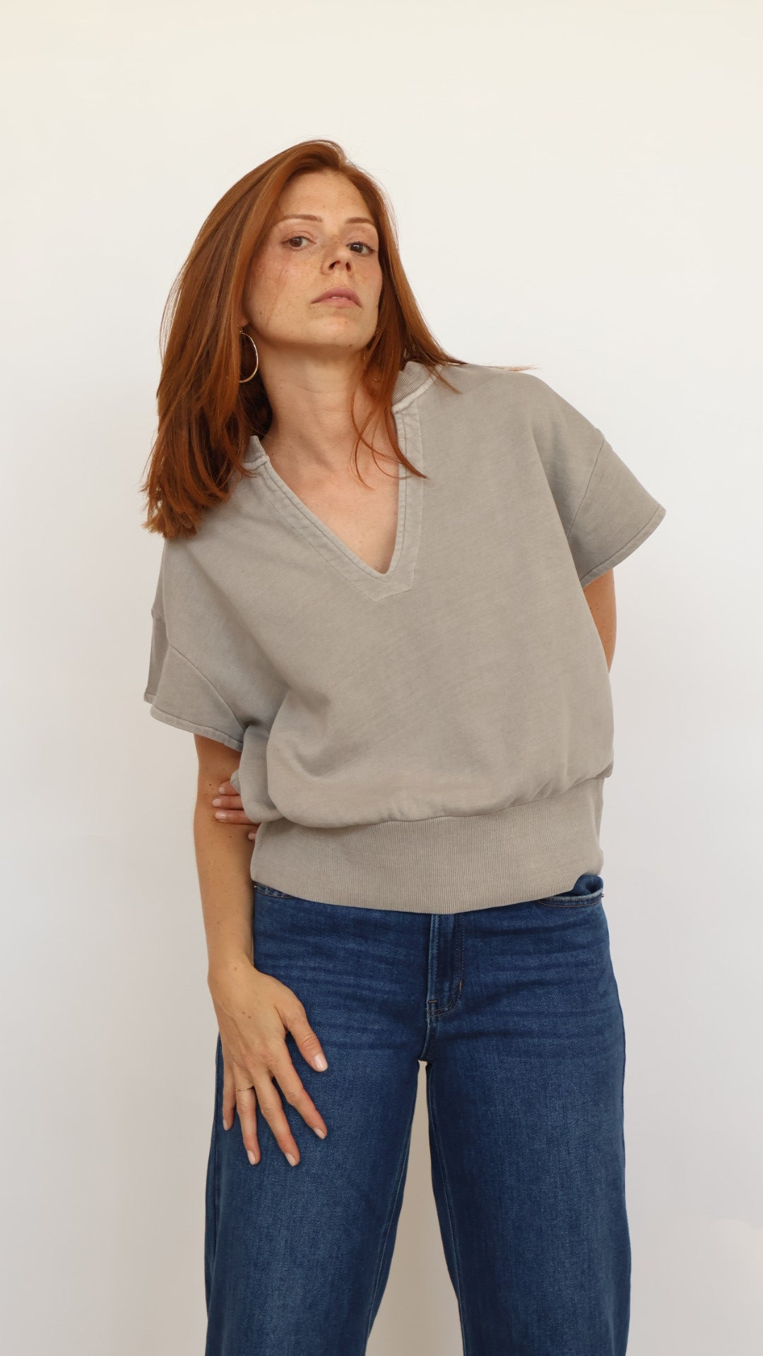 Elan Cap Sleeve V Neck Sweatshirt