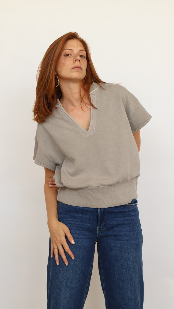Elan Cap Sleeve V Neck Sweatshirt