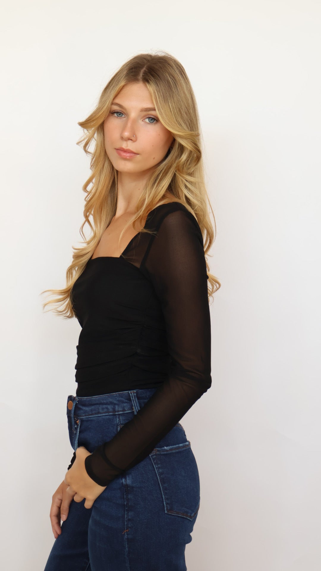 Ruched Waist Square Mesh Top