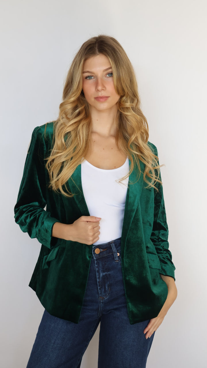 Ruched Sleeve Velvet Blazer