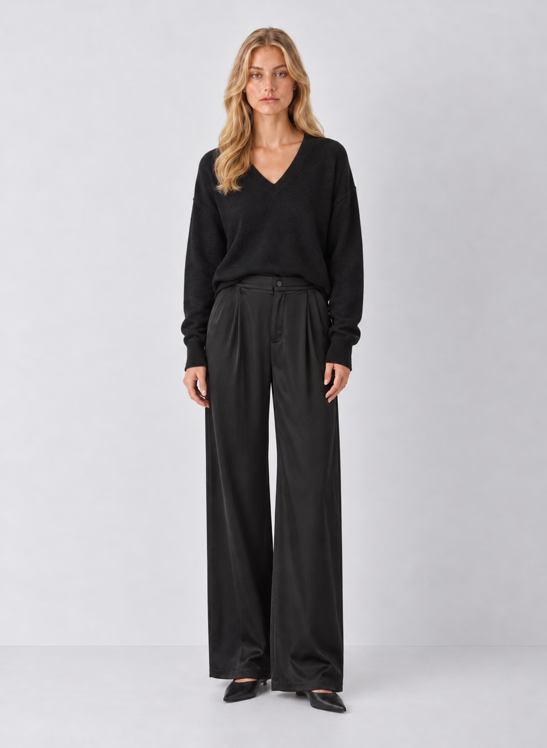 Elan Satin High-Waisted Wide-Leg Trousers