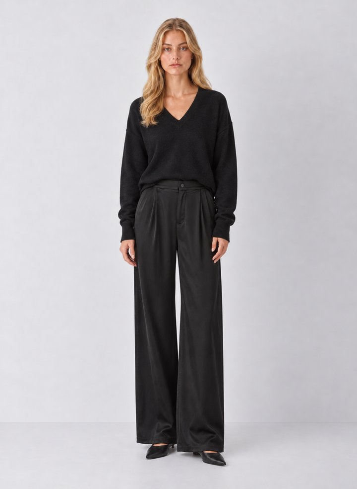 Elan Satin High-Waisted Wide-Leg Trousers