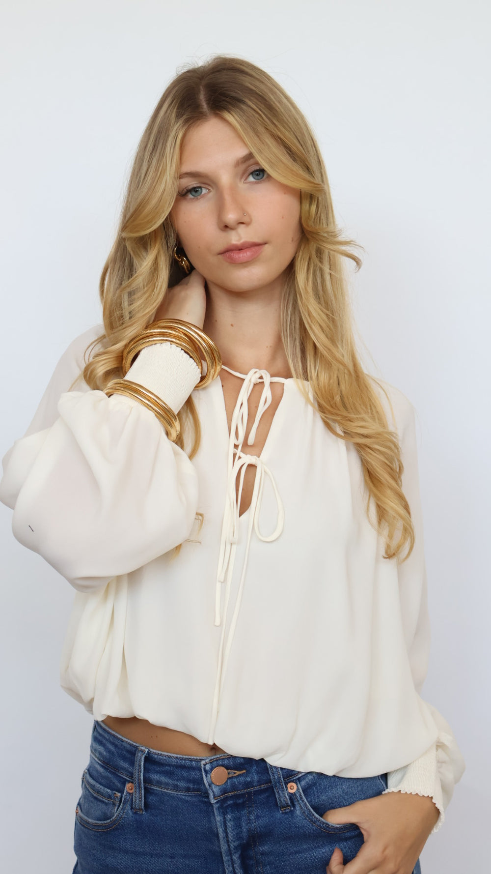 Bubble Hem Tie Neck Blouse