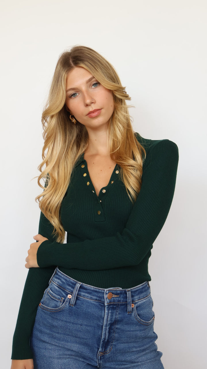 Collared Gold Button Ribbed Henley Top
