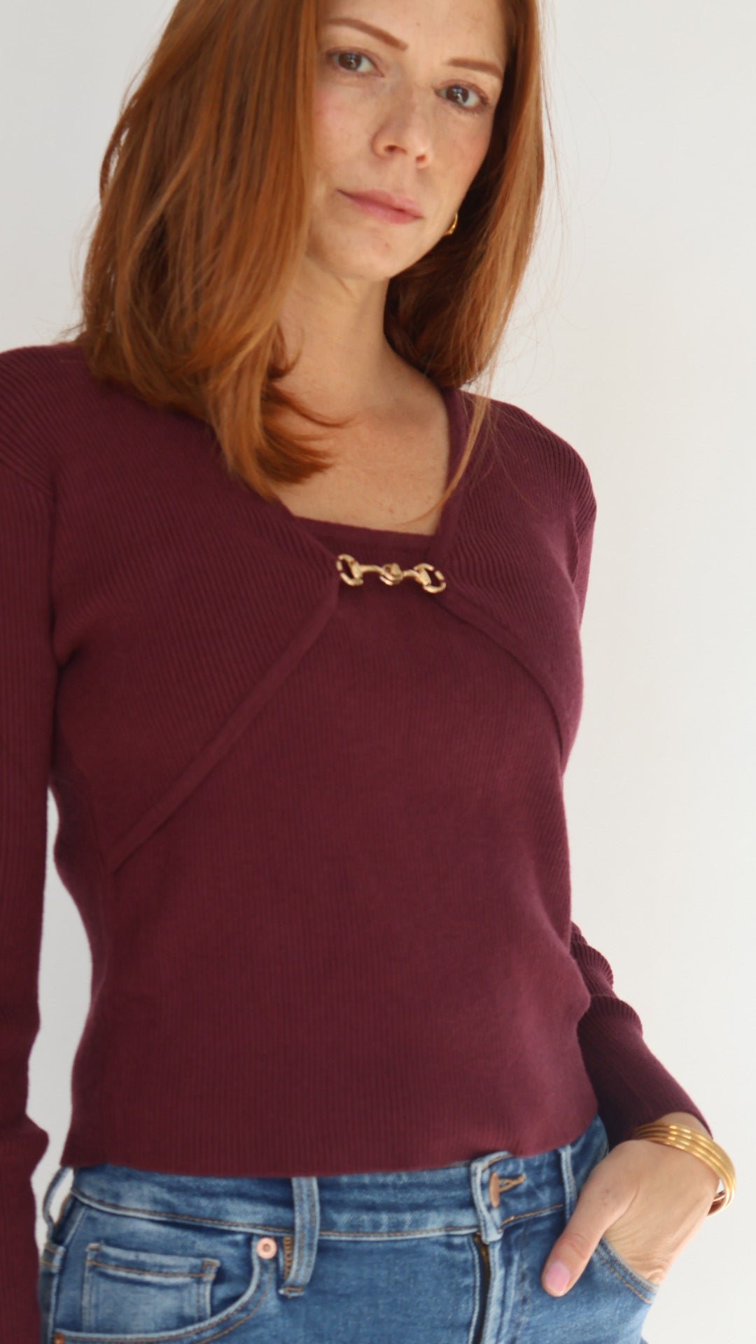 Long Sleeve Buckle Detail V Neck Top