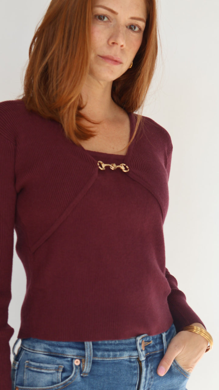 Long Sleeve Buckle Detail V Neck Top
