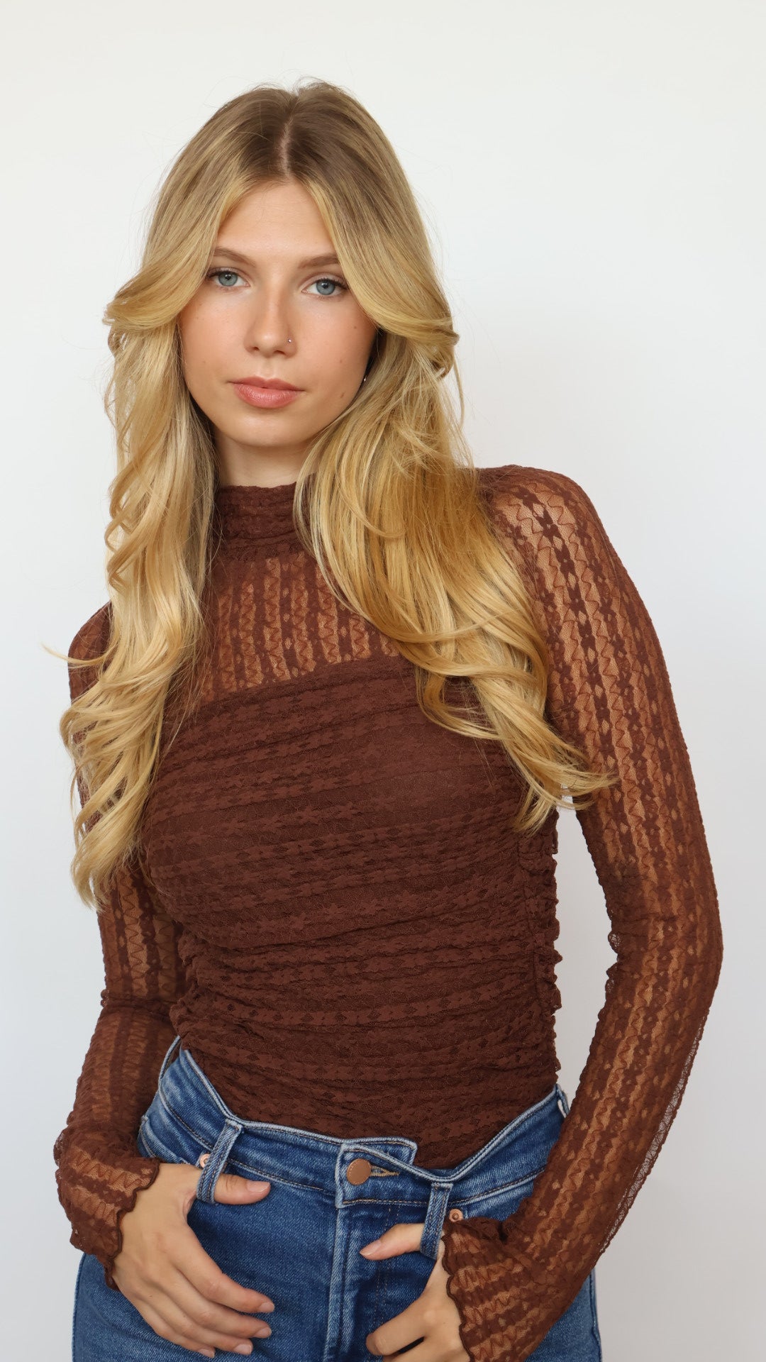 Lace Ruched Mock Neck Bodysuit