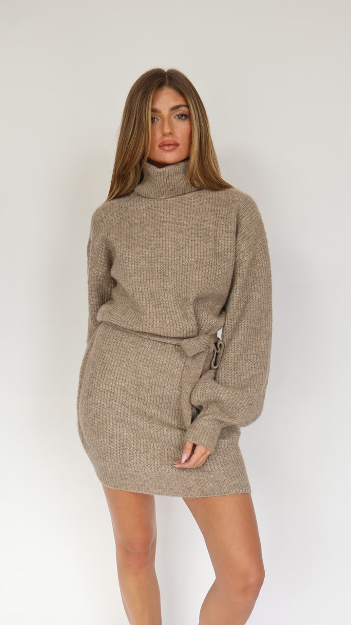 Turtleneck Sweater Mini Dress with Tie Waist