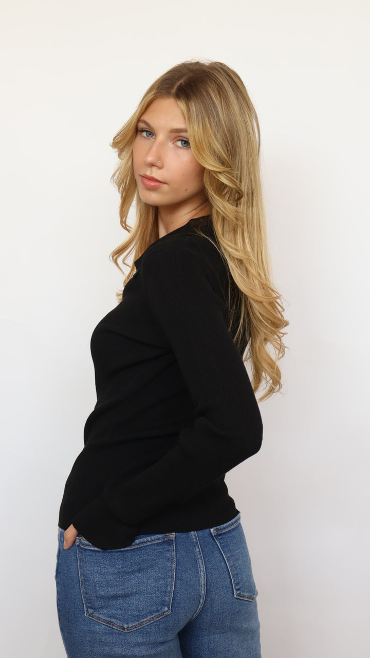 Collared Gold Button Ribbed Henley Top