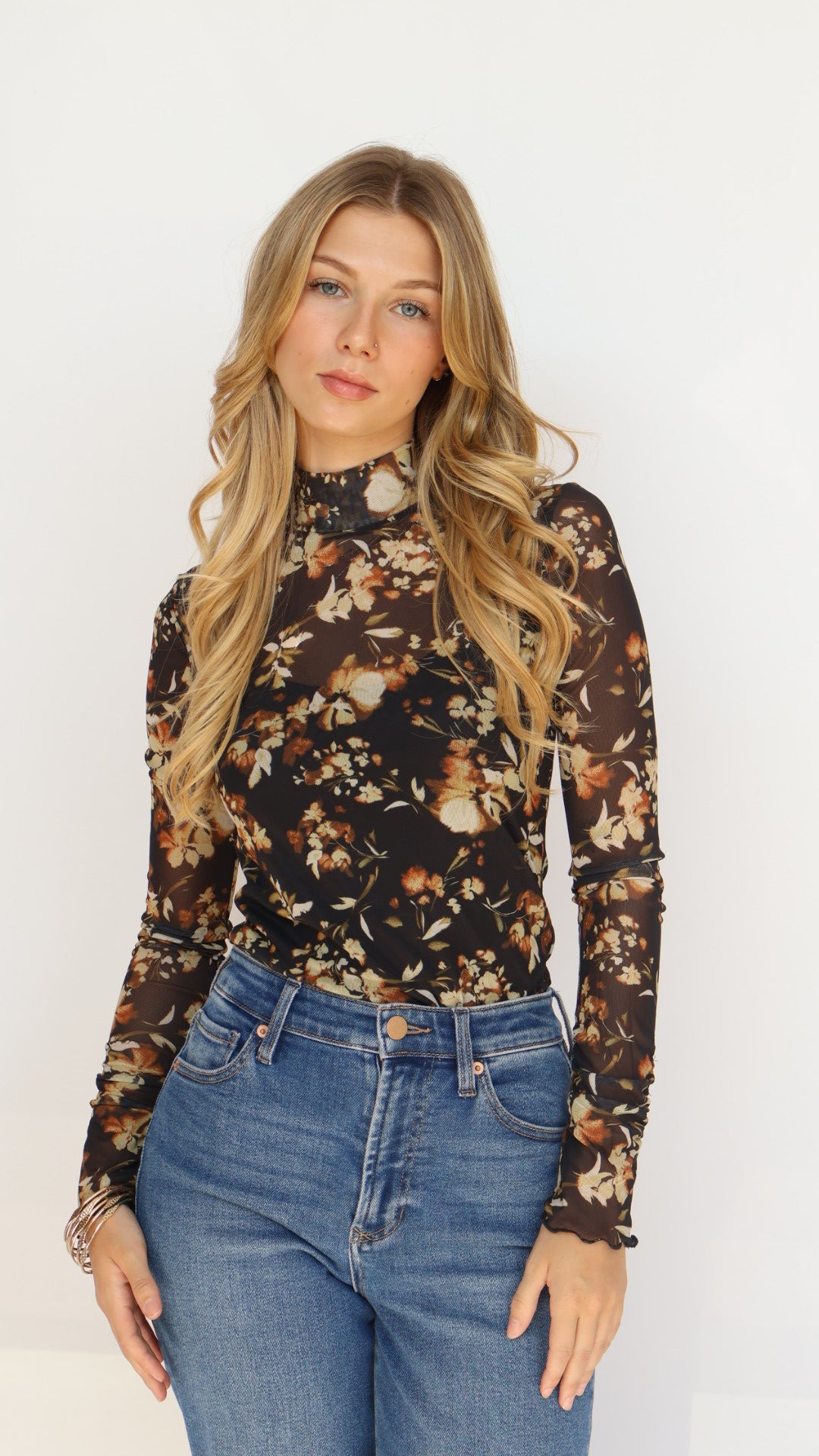 Lost + Wander Moonlit Meadow Mesh Floral Print Top