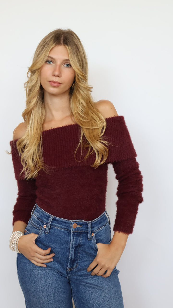 Cozy Off Shoulder Fold Over Knit Sweater
