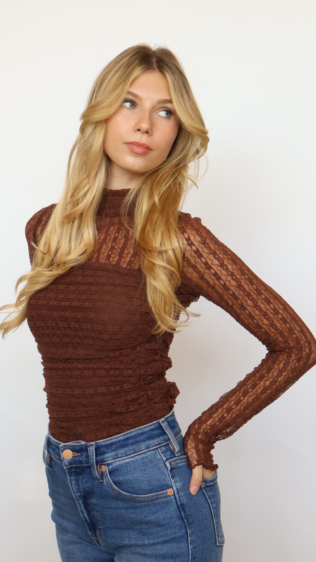 Lace Ruched Mock Neck Bodysuit
