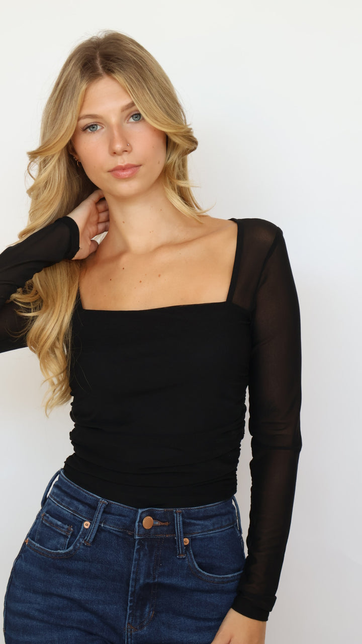 Ruched Waist Square Mesh Top