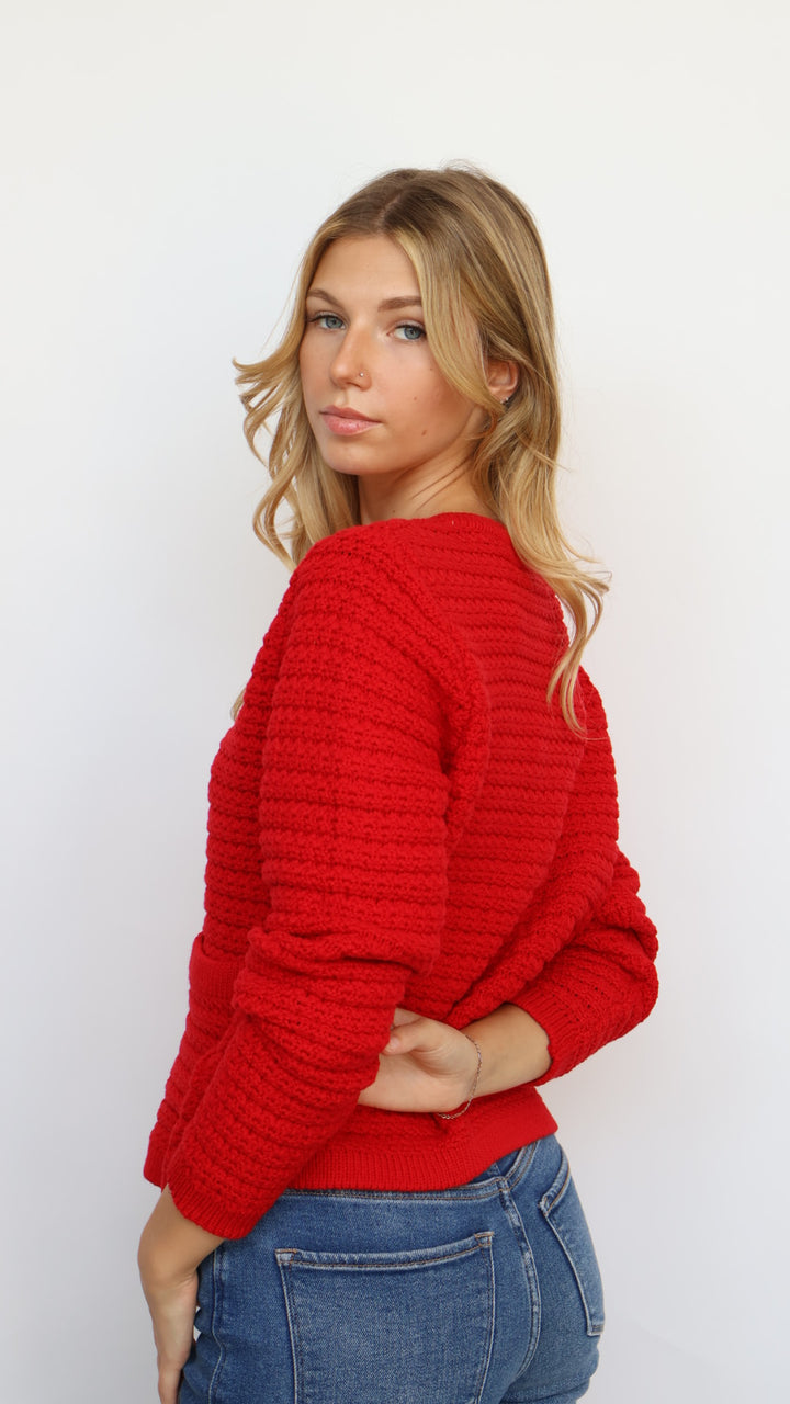 Dear John Denim Red Cable Knit Cardigan Sweater