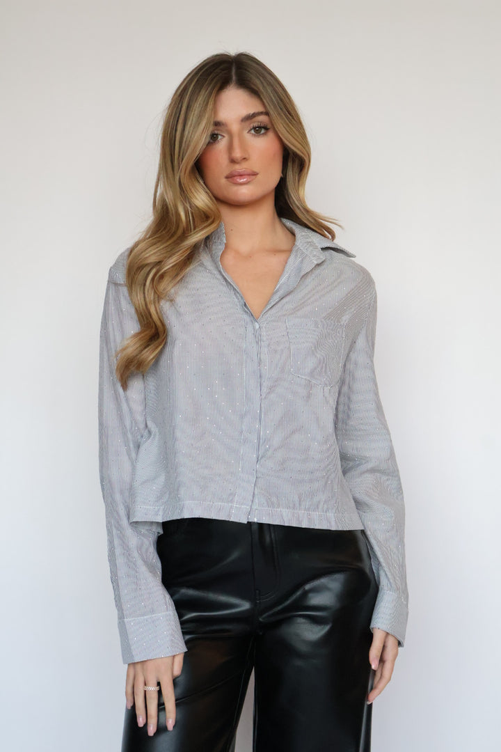 Rhinestone Detail Crop Button Down