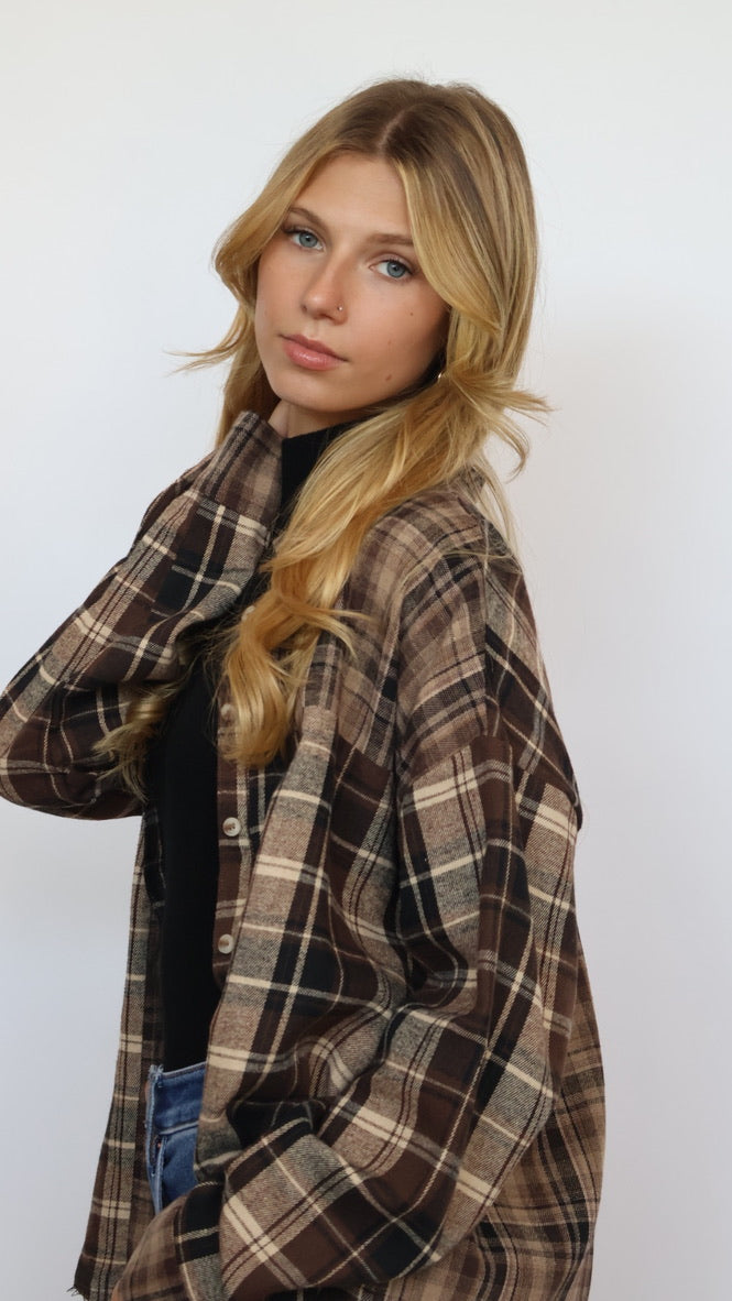 Brown Plaid Flannel Button Down Top