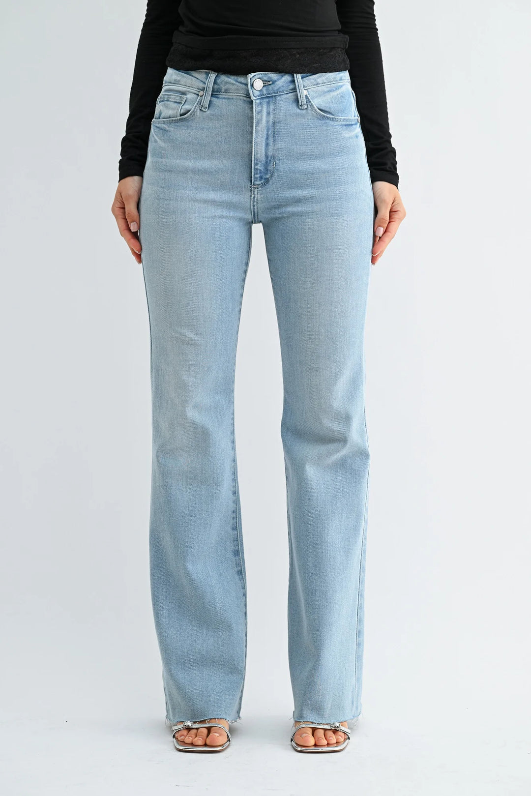 Just Black Denim High Rise Raw Cut Full Length Flare