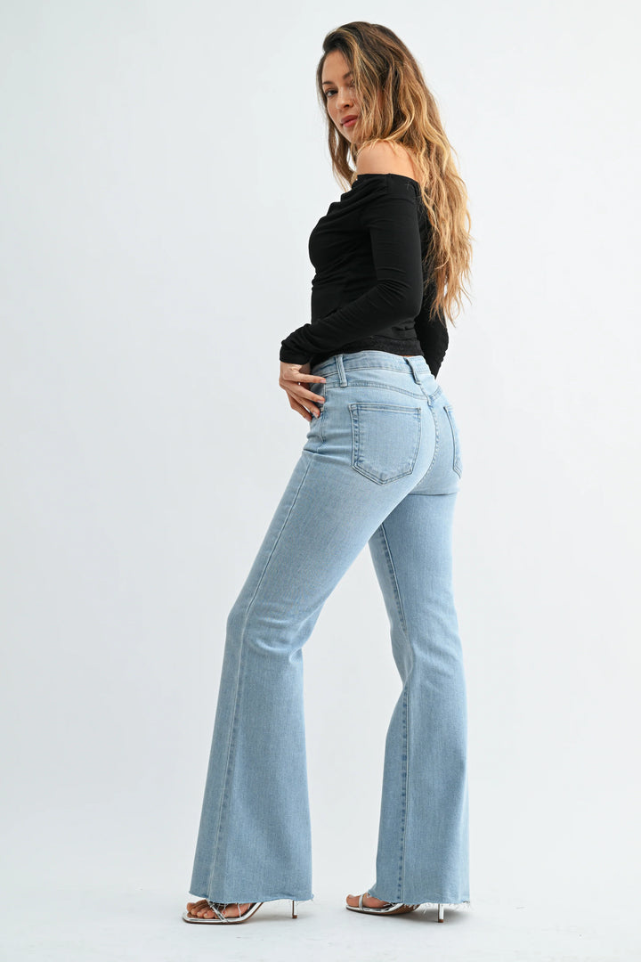 Just Black Denim High Rise Raw Cut Full Length Flare