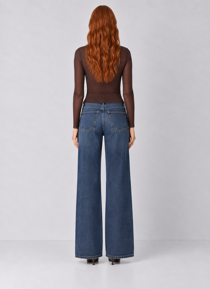 Rhinestone Mesh Mock Neck Top