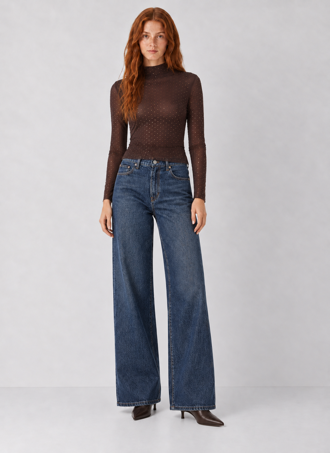 Rhinestone Mesh Mock Neck Top