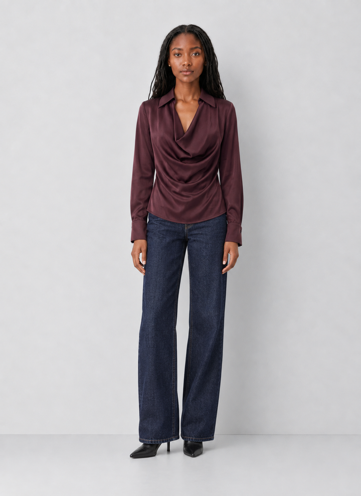 Cowl Neck Collared Long Sleeve Blouse