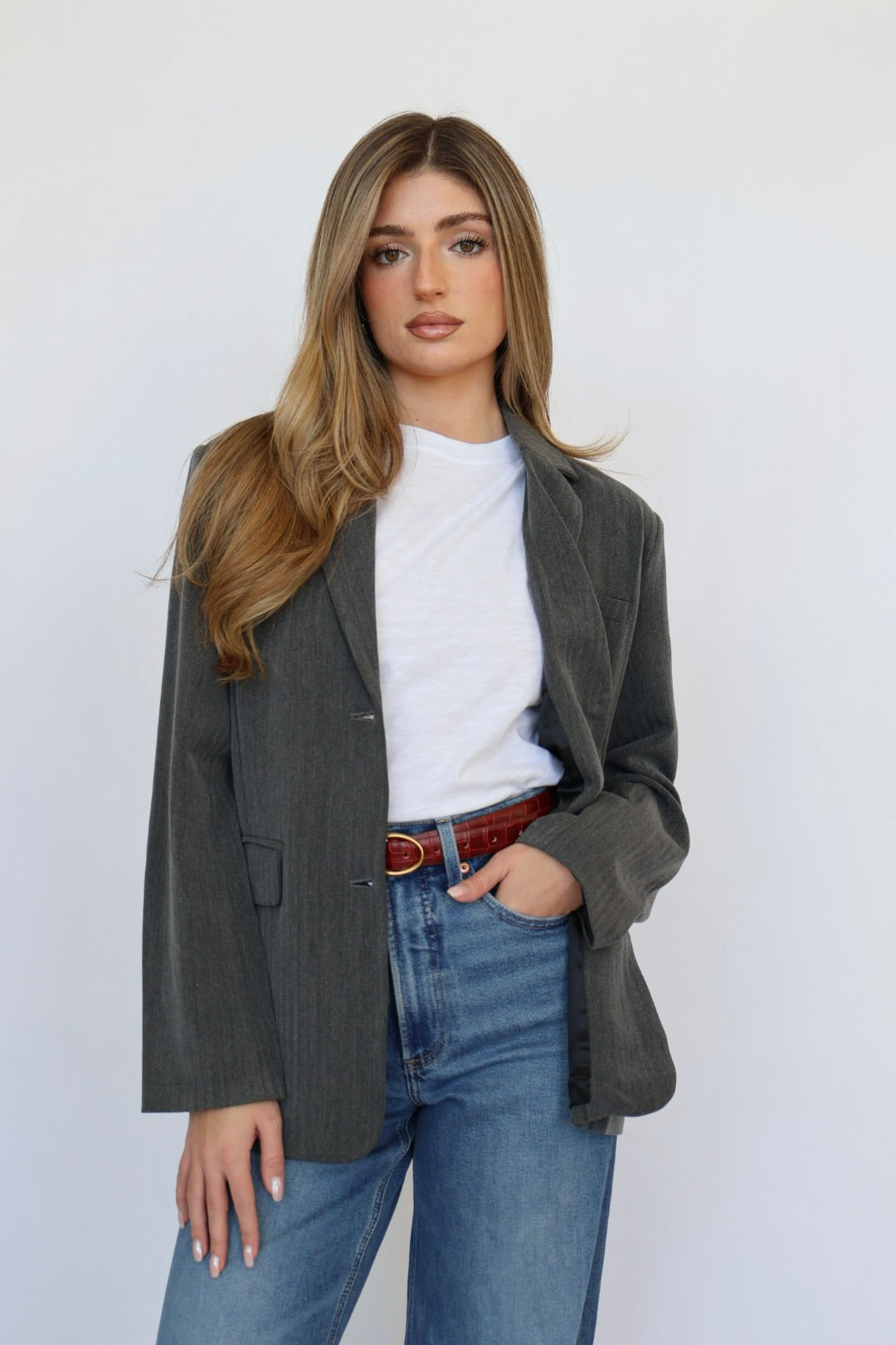 Oversized Button Front Blazer with Front Pockets