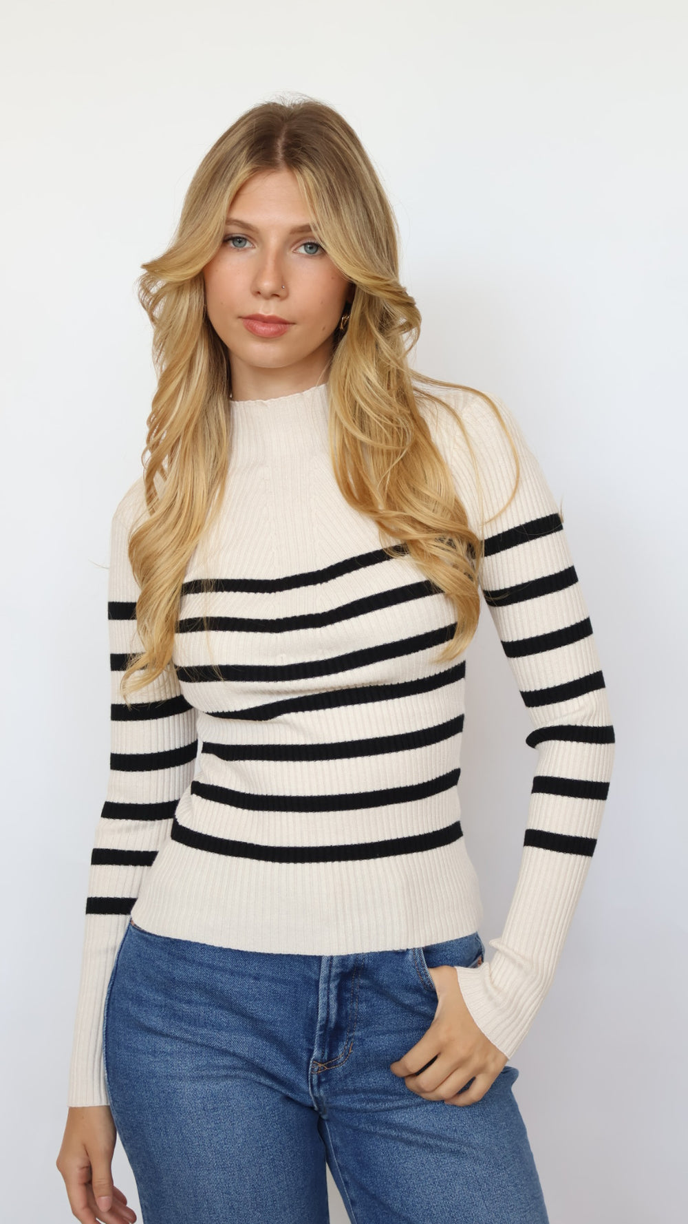 Mock Neck Stripe Ribbed Long Sleeve Sweater