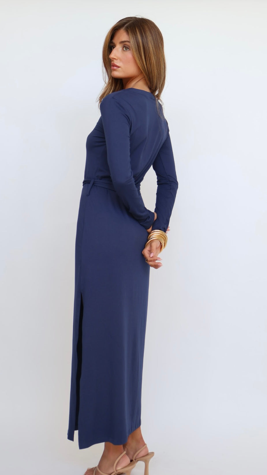 Nora Belted Long Sleeve Slit Leg Maxi Dress