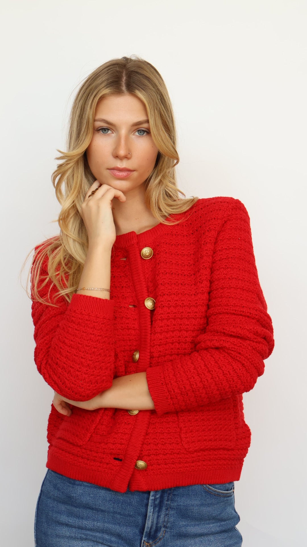 Dear John Denim Red Cable Knit Cardigan Sweater