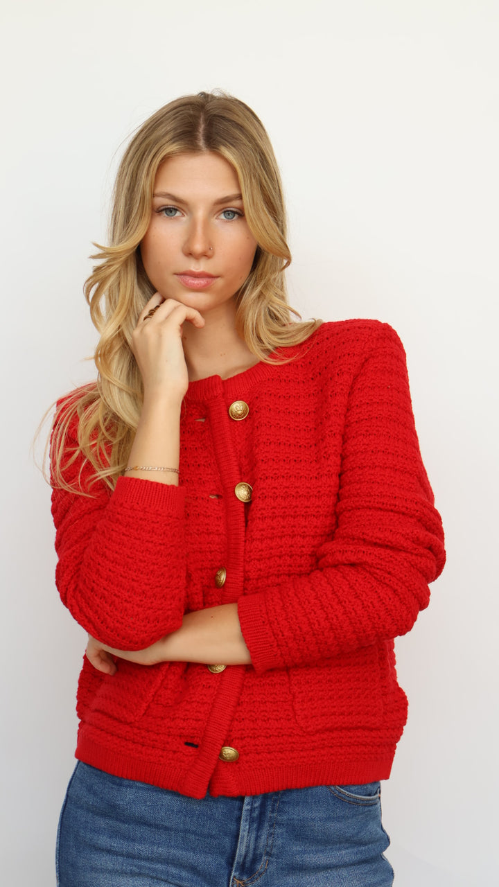 Dear John Denim Red Cable Knit Cardigan Sweater