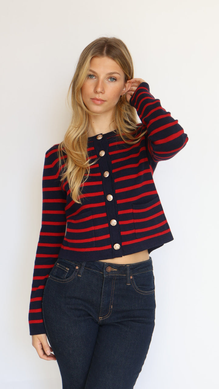 Red & Navy Striped Crewneck Cardigan