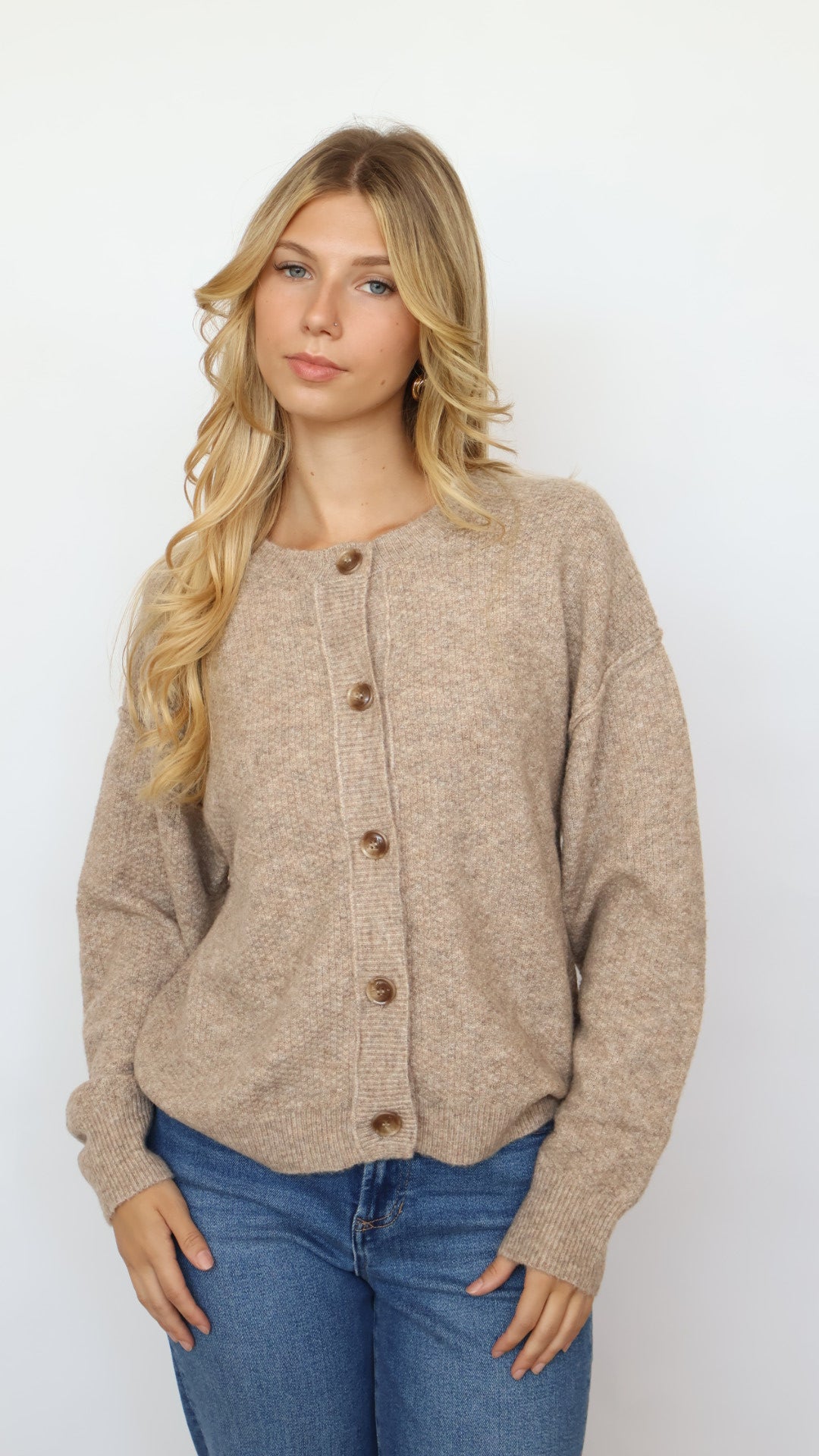 Textured Knit Crew Neck Cardigan