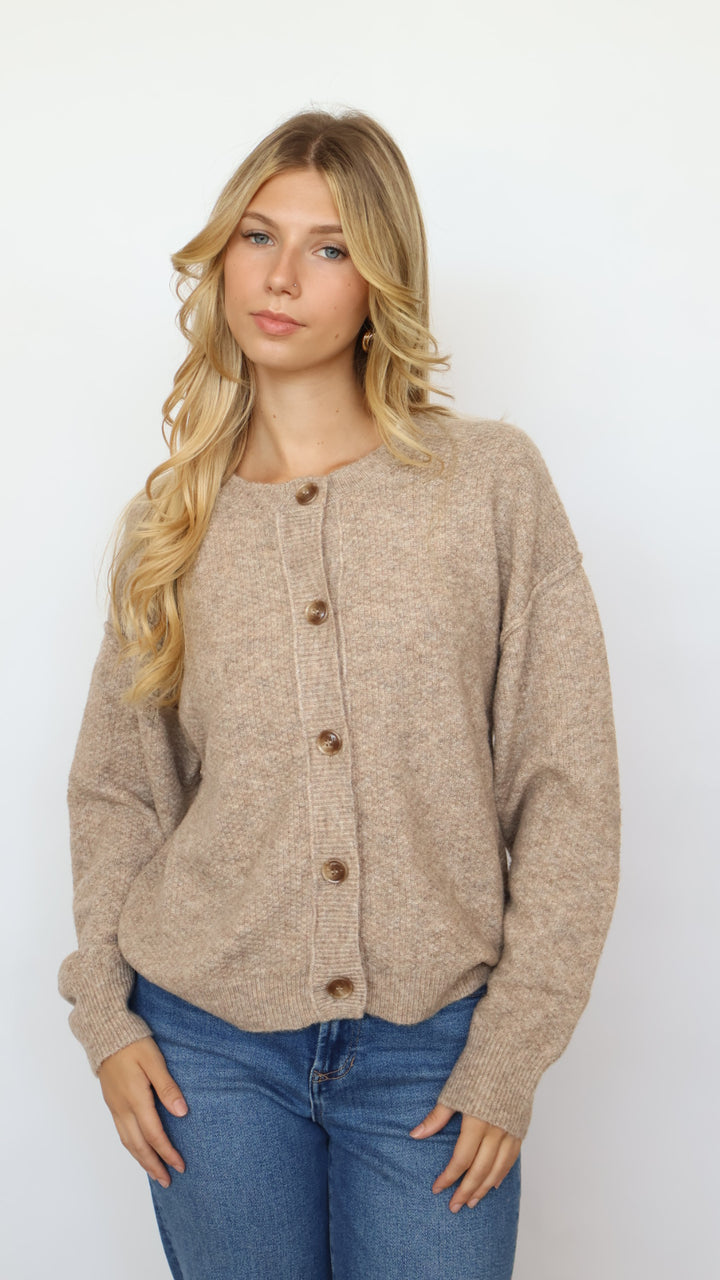 Textured Knit Crew Neck Cardigan