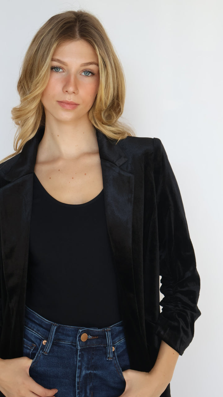 Ruched Sleeve Velvet Blazer
