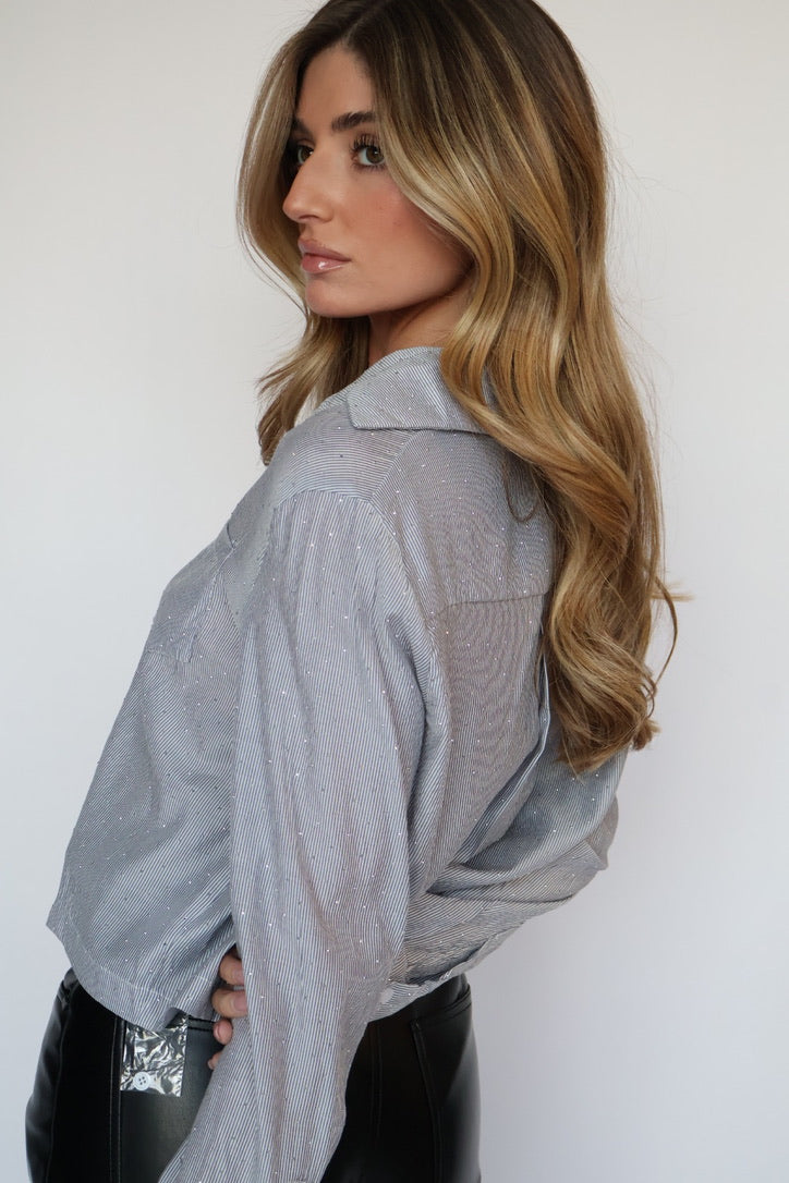 Rhinestone Detail Crop Button Down