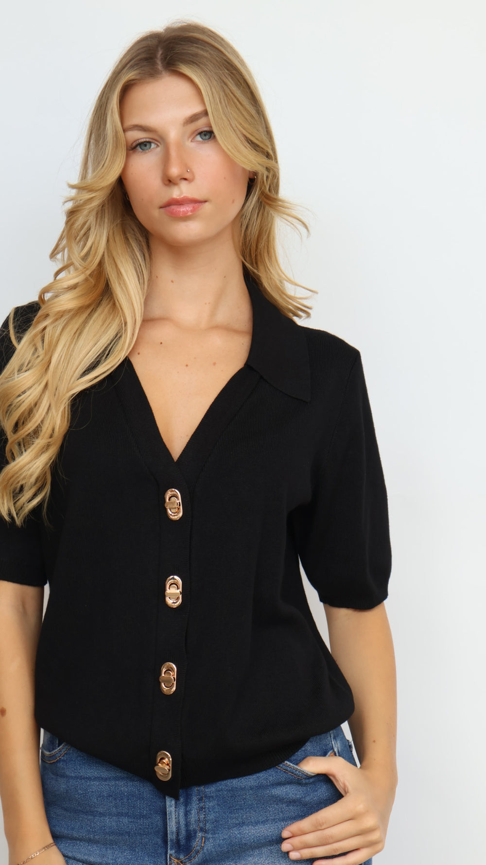 Gold Button Collared Short Sleeve Cardigan