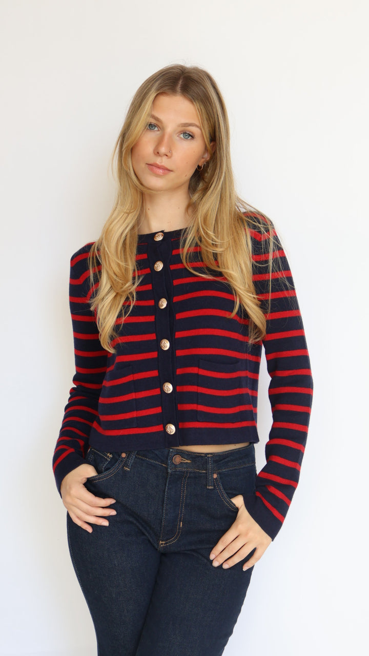Red & Navy Striped Crewneck Cardigan